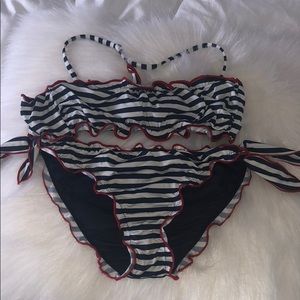 Blue and White Striped Bikini with Red Detailing